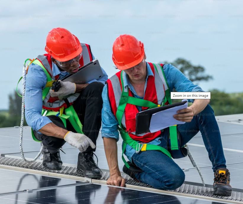 Engineers inspecting solar inverters