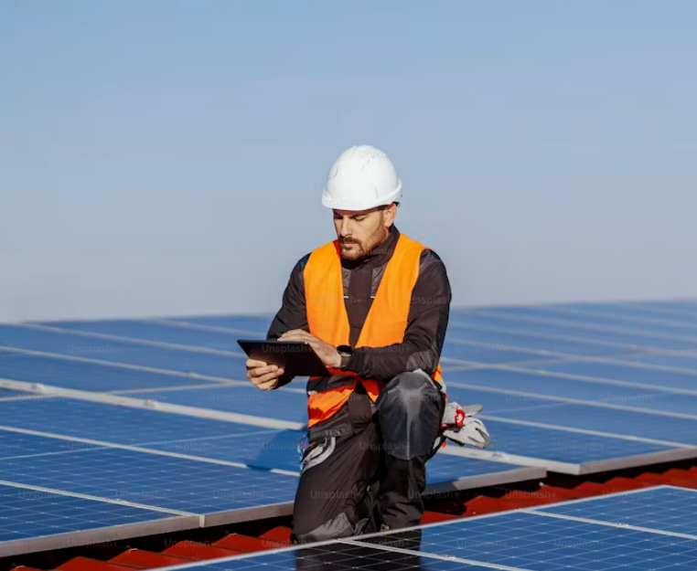 Engineers inspecting solar inverters