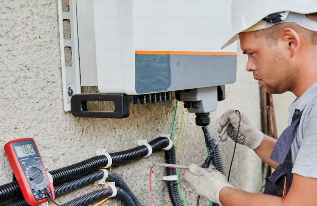 Engineers inspecting solar inverters